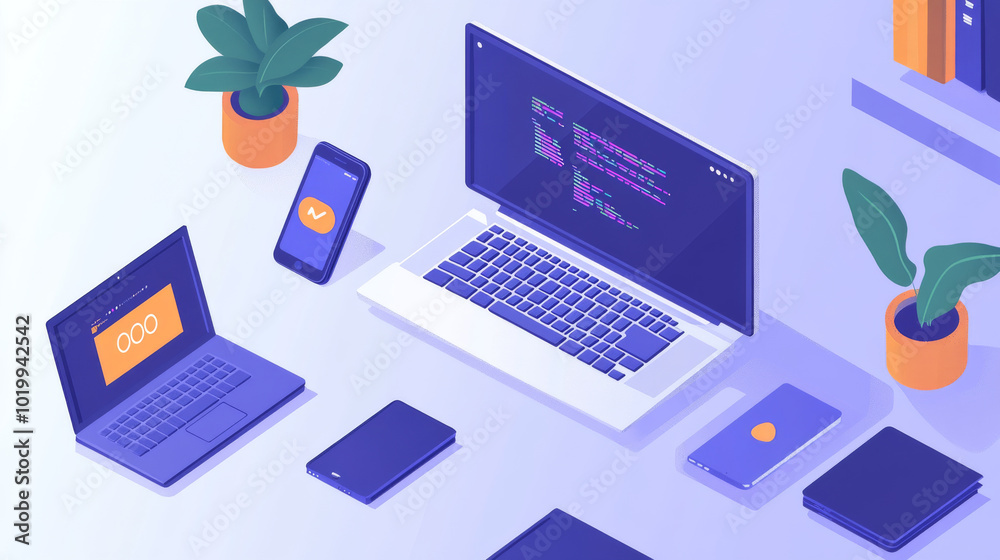 This illustration shows a computer setup with a desktop computer, laptop, and phone.It includes symbols related to technology,like apps and coding,suggesting the different ways we use computers today. This illustration shows a computer setup with a desktop computer, laptop, and phone.It includes symbols related to technology,like apps and coding,suggesting the different ways we use computers today.
