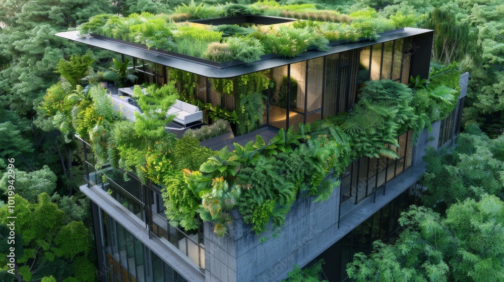 Obraz premium Modern Building with Green Roof and Vertical Garden