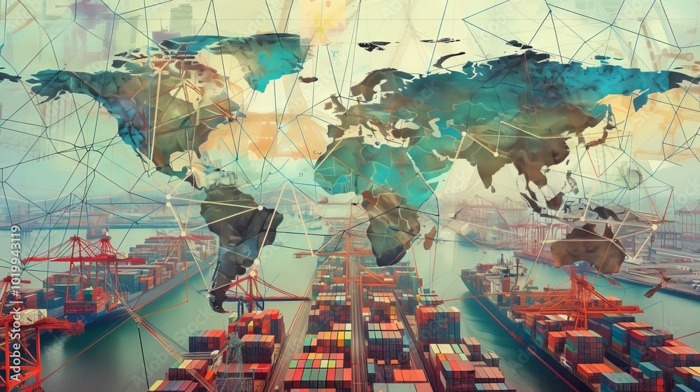 Obraz premium Intricate global value chains connecting manufacturers, suppliers, and distributors across borders - conceptual illustration of international trade and supply chains