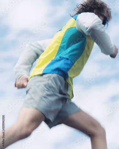 Speedy Athlete Running Up Hill Against Cloudy Sky photo