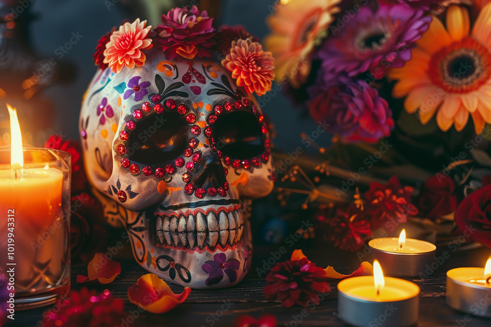 Beautiful greeting card with bright holiday composition for happy to joy celebrate dia de muertos