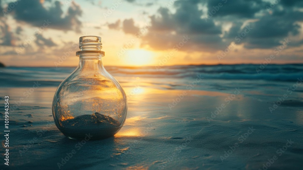 A glass bottle on the beach at sunset, capturing the essence of tranquility and nature's beauty. A glass bottle on the beach at sunset, capturing the essence of tranquility and nature's beauty.