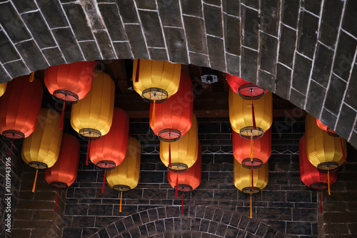 Closeup of decorative lanterns in the ancient city wall photo