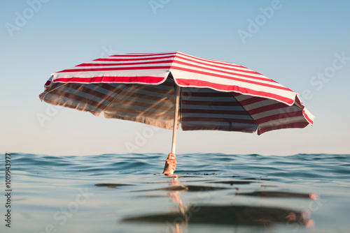 Hand holding beach umbrella in the sea