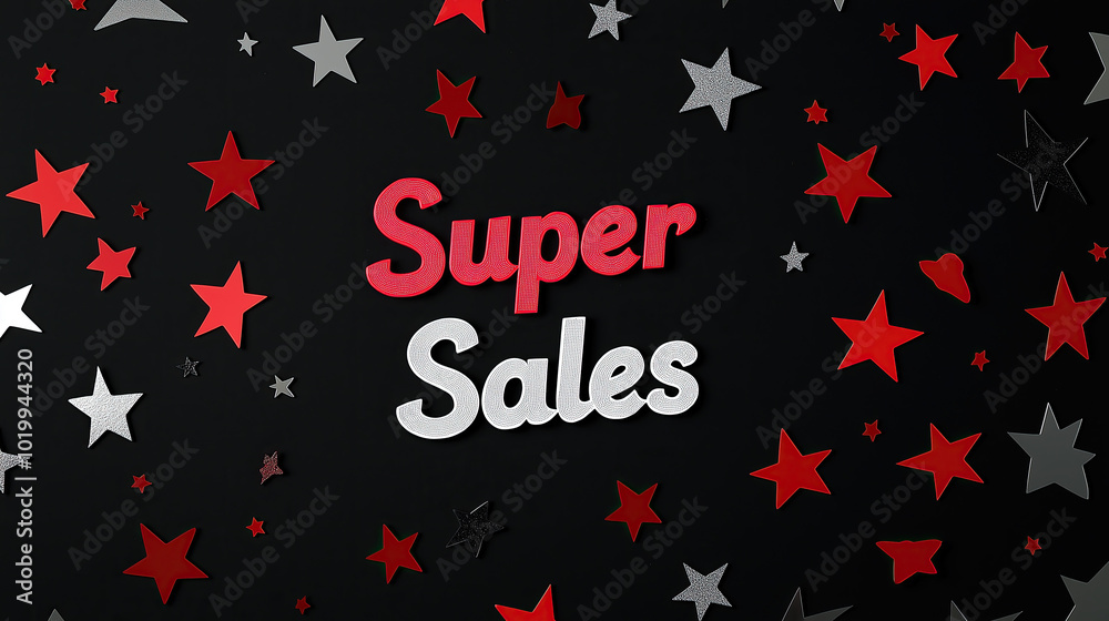 The words “Super Sales” written in bold red letters on a starry black background.Discount banner perfect for advertising sales, discounts and promotions. The words “Super Sales” written in bold red letters on a starry black background.Discount banner perfect for advertising sales, discounts and promotions.