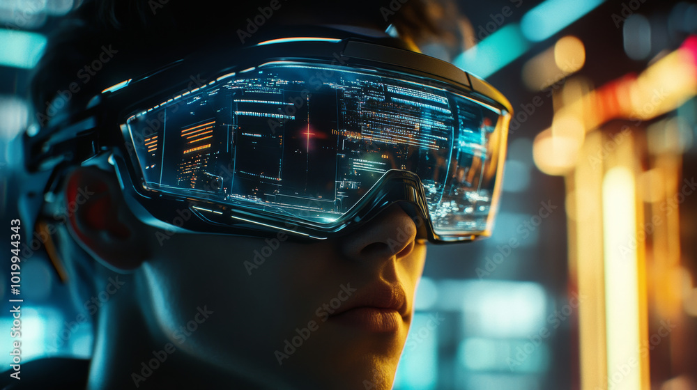 A person wears futuristic glasses that let them see a virtual world. This technology, called VR and AR, creates immersive experiences in a digital space known as the metaverse. A person wears futuristic glasses that let them see a virtual world. This technology, called VR and AR, creates immersive experiences in a digital space known as the metaverse.