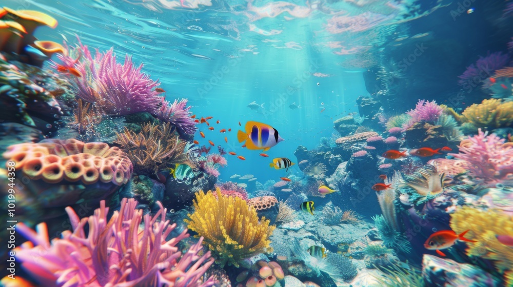 Naklejka premium Vibrant Underwater Scene: Colorful Fish and Coral Reef