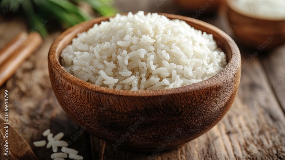 A wooden bowl filled with white cooked rice, with a wooden spoon and scattered grains in the foreground. A wooden bowl filled with white cooked rice, with a wooden spoon and scattered grains in the foreground.