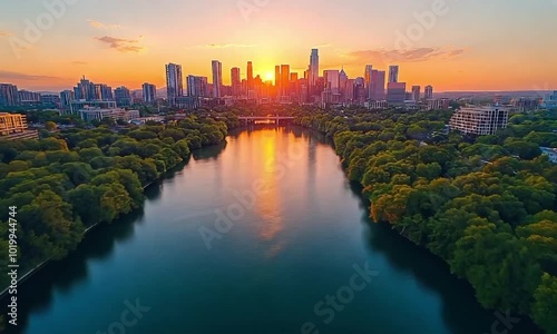 Sunset over austin skyline and river: vibrant urban landscape for travel and nature