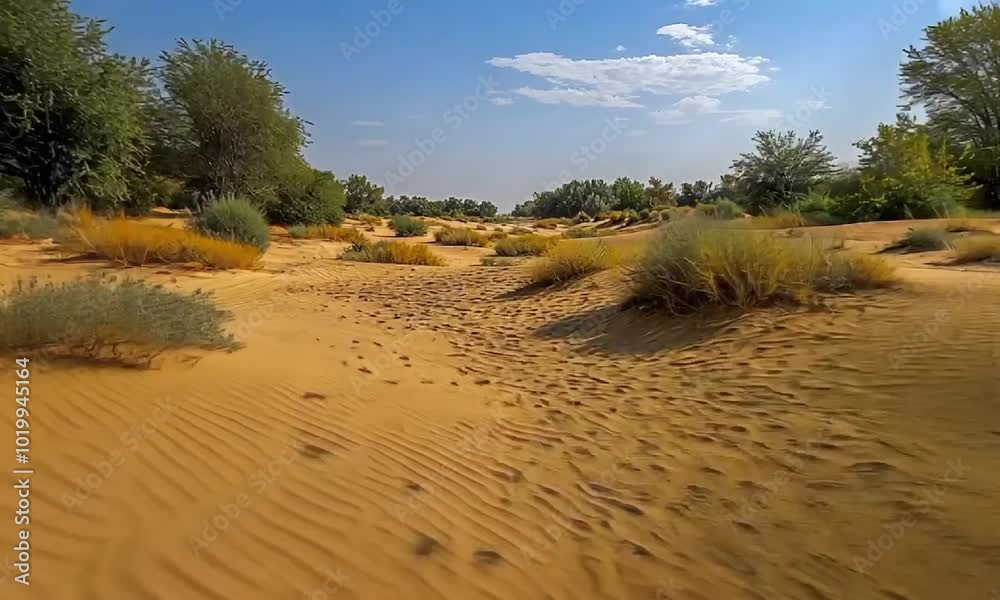 Tranquil desert landscape with vegetation under blue sky Tranquil desert landscape with vegetation under blue sky