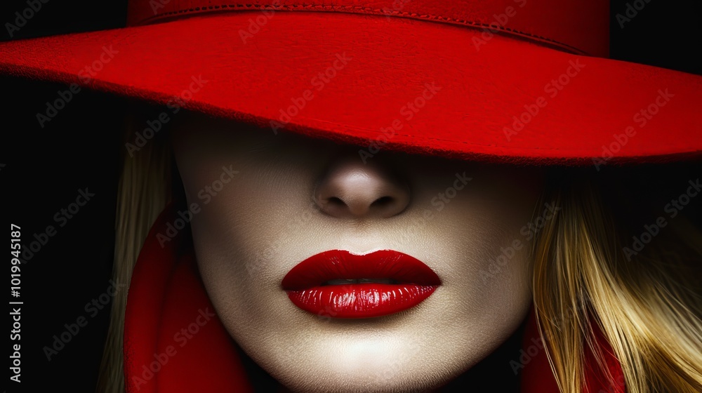 Close up portrait of a female model with radiant skin and red lips in a retro hat on black Close up portrait of a female model with radiant skin and red lips in a retro hat on black