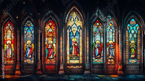 Stained glass windows depicting saints in Gothic church buildings for all saints' day background.