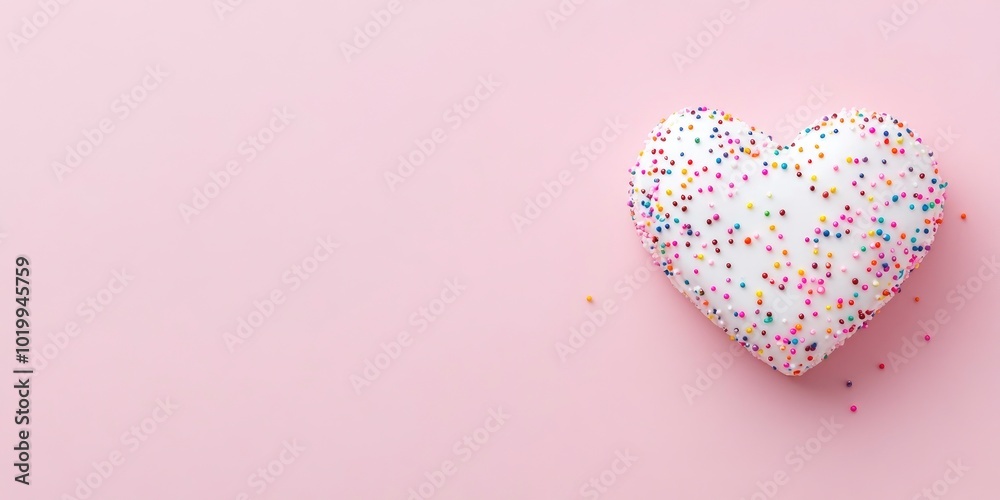 A white birthday cake with colorful sprinkles in the shape of a heart on a plain pink background. A white birthday cake with colorful sprinkles in the shape of a heart on a plain pink background.