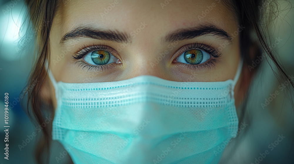 professional female healthcare worker wearing a face mask is shown in a medical setting. The image emphasizes safety, responsibility, and care, symbolizing frontline workers during challenging times professional female healthcare worker wearing a face mask is shown in a medical setting. The image emphasizes safety, responsibility, and care, symbolizing frontline workers during challenging times