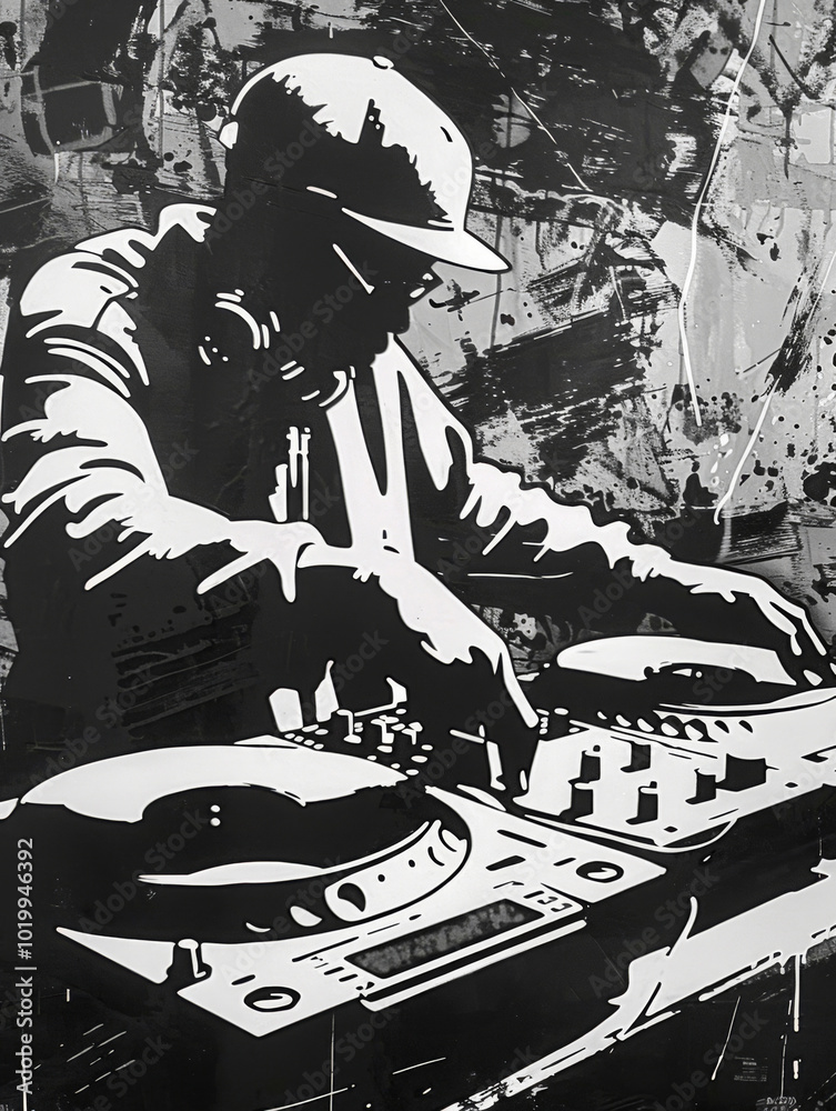Fototapeta premium DJ in graffiti style. A man playing music on a turntable, wearing headphones and a hat.