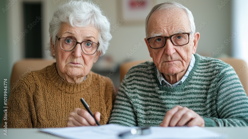 Serious elderly couple reviewing documents at home