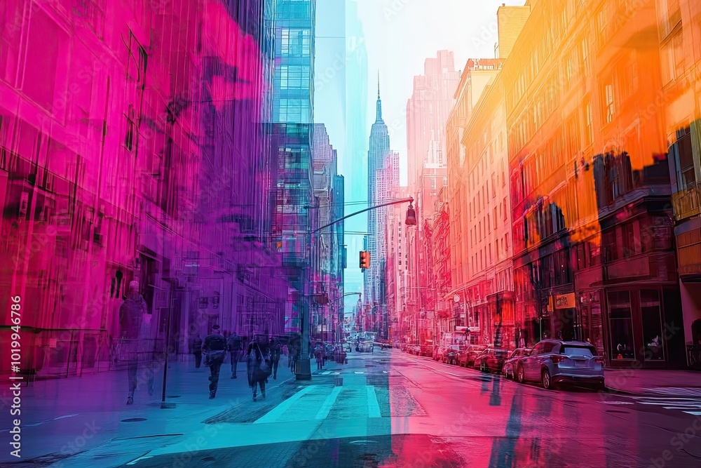 A Blurred Cityscape with Vibrant Hues and Streetlife A Blurred Cityscape with Vibrant Hues and Streetlife