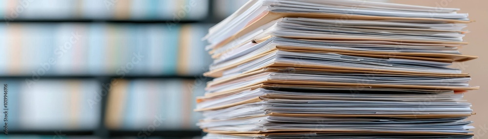 Tall stack of documents and folders in office with blurred background Tall stack of documents and folders in office with blurred background