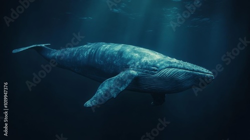 A majestic whale glides gracefully through the deep ocean waters, embodying the beauty of marine life in its natural habitat.