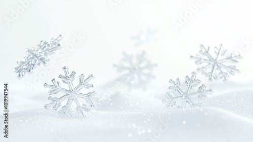 A snowflake is flying through the air and is surrounded by other snowflakes