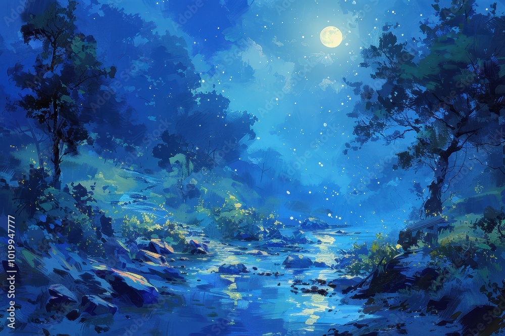 Fototapeta premium A painting of a forest with a river and a full moon in the sky