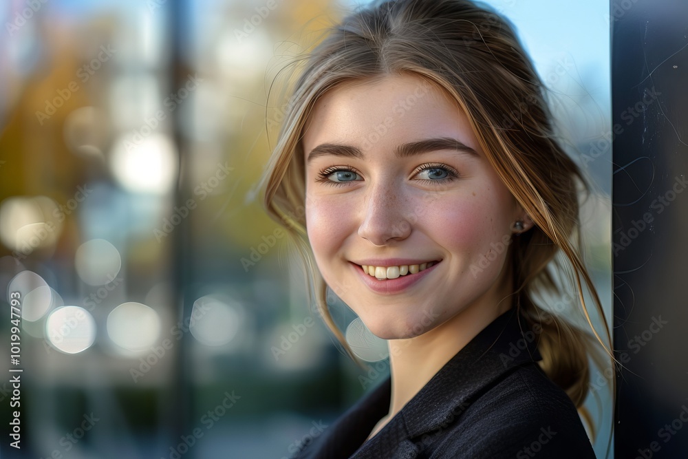 Cheerful young businesswoman smiling confidently in a modern office environment, showcasing a positive and professional demeanor. Cheerful young businesswoman smiling confidently in a modern office environment, showcasing a positive and professional demeanor.