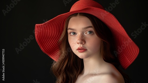 Close up portrait of a female model with radiant skin and vibrant red lips in retro hat
