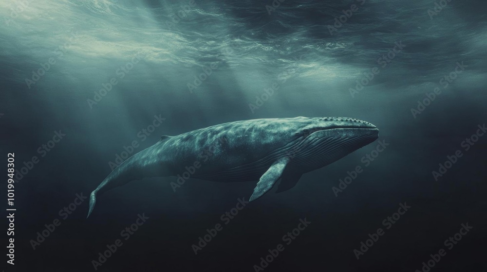 Fototapeta premium A majestic whale swimming gracefully through deep ocean waters, showcasing the beauty of marine life and tranquility beneath the surface.