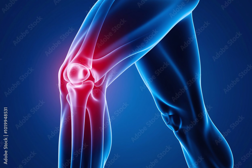 human leg in profile and glowing knee joint highlighted by red color human leg in profile and glowing knee joint highlighted by red color