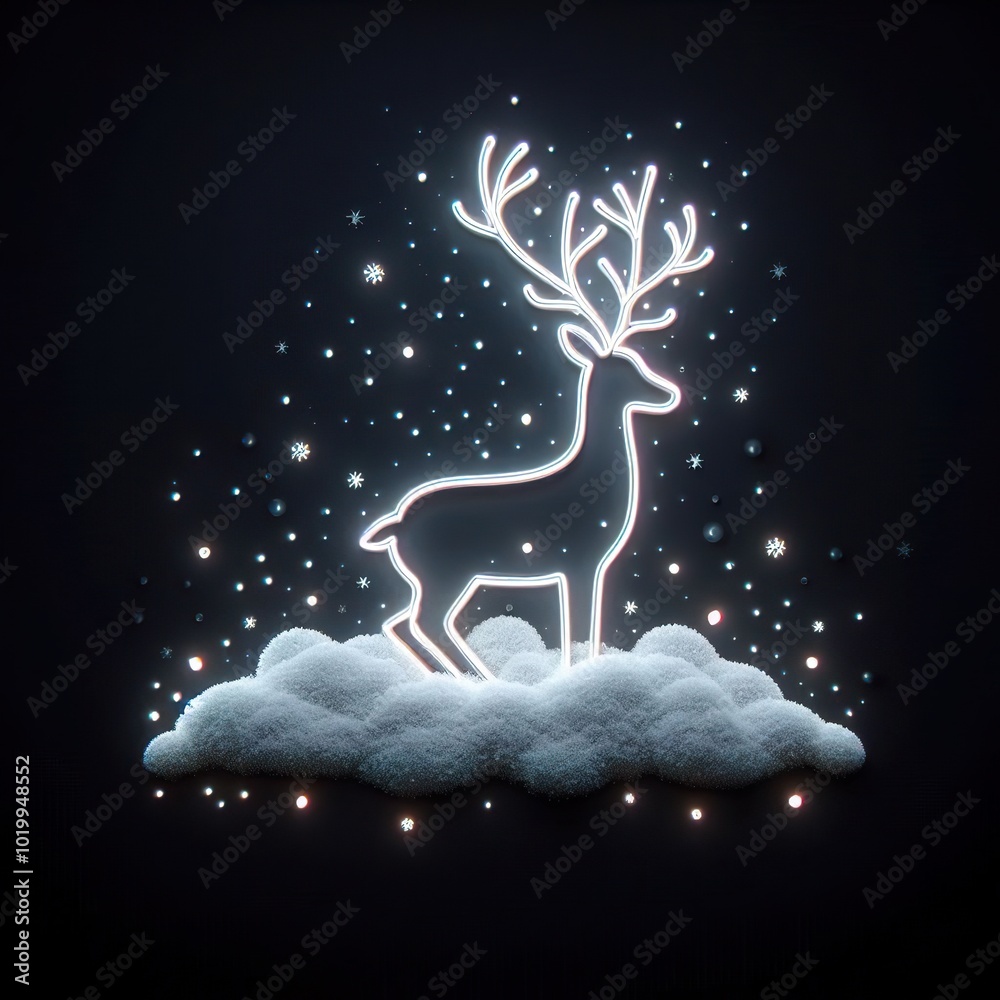 A Beautiful christmas reindeer in snow on a black background. 3D rendering. Neon lights A Beautiful christmas reindeer in snow on a black background. 3D rendering. Neon lights