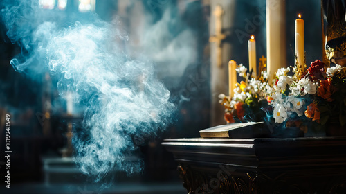 Incense smoke swirling in a church with candles and flowers on altar with copy space for all saints' day background banner.