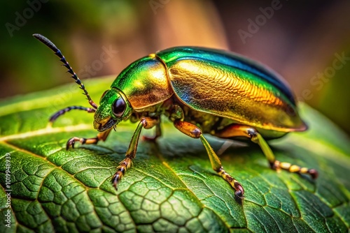 Shiny Gold Beetle on Leaf with Natural Background Capturing the Beauty of Insects in Nature