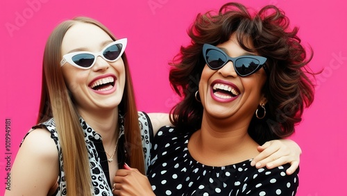 Two friends share a moment of laughter, displaying their playful personalities while dressed in chic outfits and trendy sunglasses, radiating joy