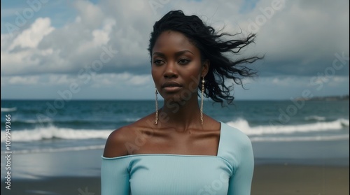 A striking woman gazes pensively at the horizon, her hair whipped by the sea breeze, as gentle waves lap at the shore beneath a moody sky