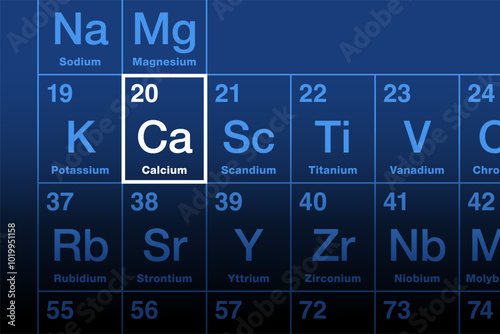 Calcium element on periodic table. Alkaline earth metal with atomic number 20 and symbol Ca from Latin calx, meaning lime. As electrolytes play a vital role in physiological and biochemical processes.