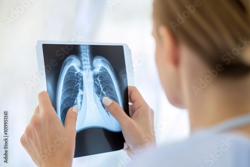 Doctor examining X-ray of human lungs for medical diagnosis photo