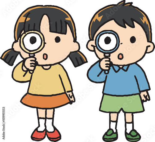 虫眼鏡を覗き込む男の子と女の子