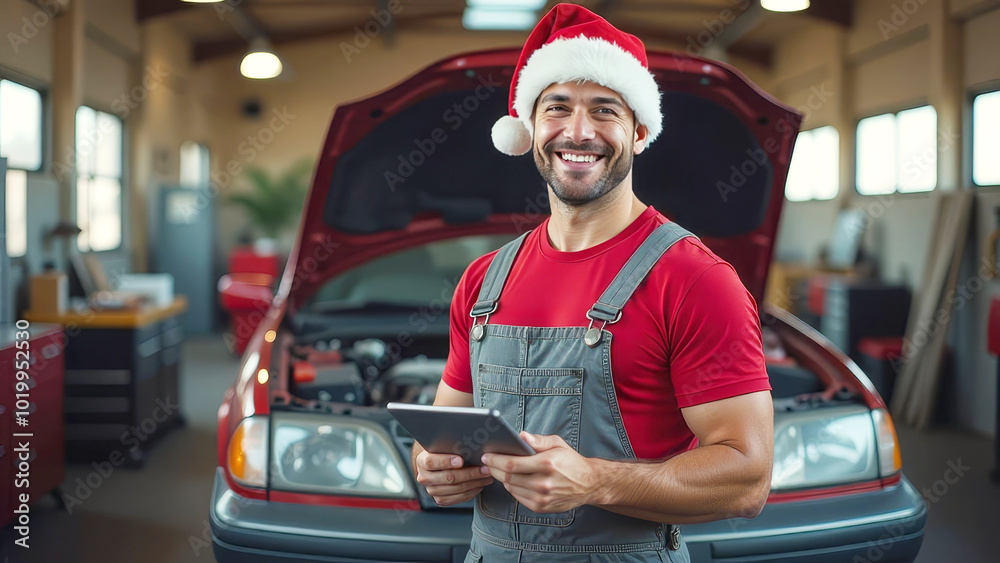 A male European auto mechanic stands in a service center in a Santa Claus hat, celebrates the new year, mechanic, repairs a car A male European auto mechanic stands in a service center in a Santa Claus hat, celebrates the new year, mechanic, repairs a car