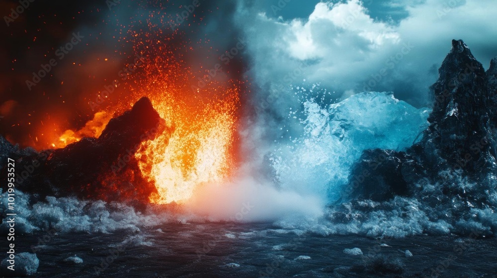 A stunning contrast of fire and water, depicting nature's powerful forces colliding in a dramatic landscape. A stunning contrast of fire and water, depicting nature's powerful forces colliding in a dramatic landscape.