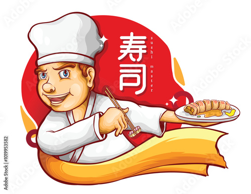 japan chef mascot holding sushi and presenting the dish delicious sushi, vector illustration.