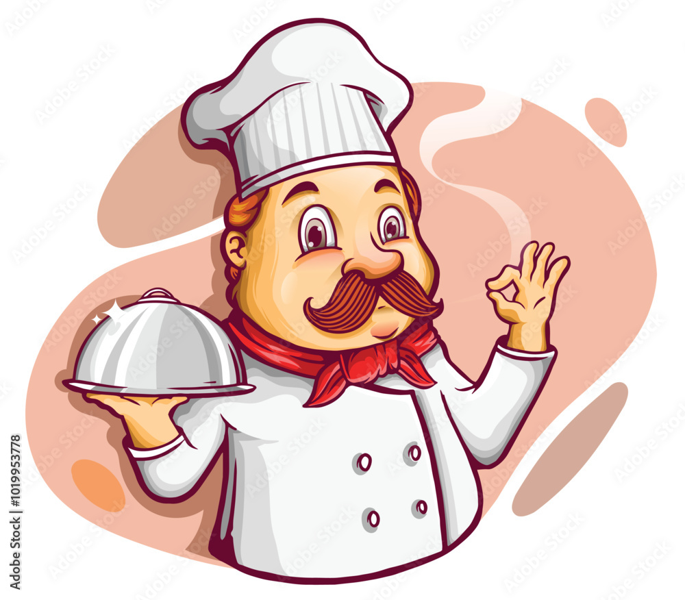 Chef cartoon character holding silver platter presenting the dish, vector illustration. Chef cartoon character holding silver platter presenting the dish, vector illustration.