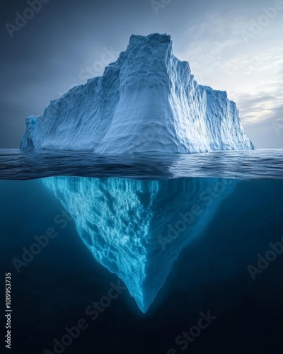 A stunning iceberg above and below water, showcasing the impressive and majestic forms of ice in an ocean landscape. photo