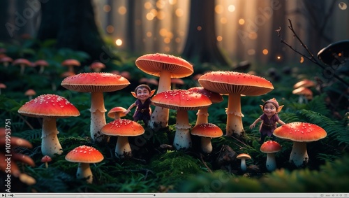 mushroom colony, amanita muscaria with some cute little elves