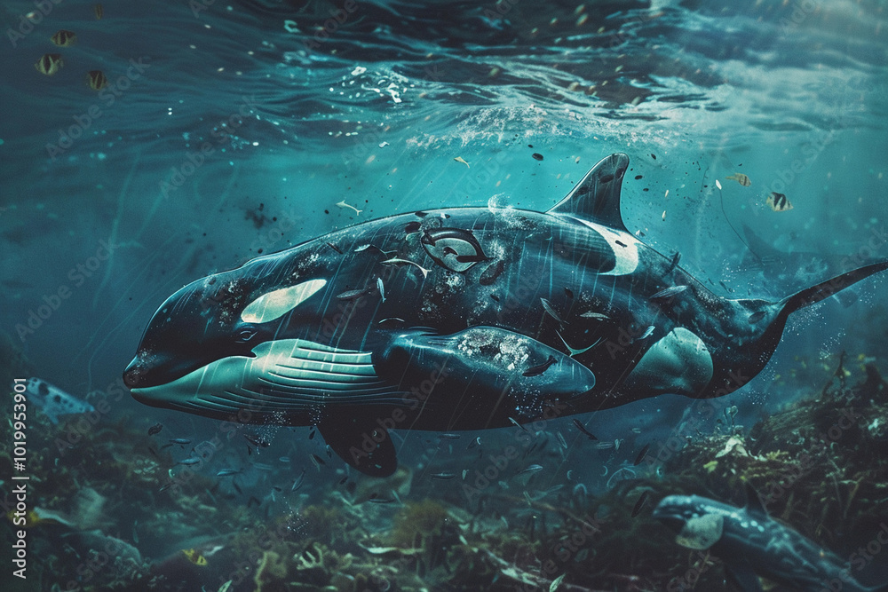 Fototapeta premium Fantastically beautiful majestic huge whale in ocean