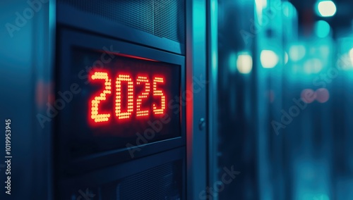  Data Center Clock Displaying 2025, Red LED Numbers on Server Rack, Blurred Blue Background with Light and Shadow Effects