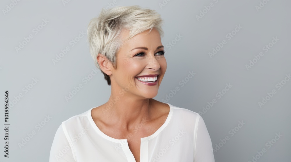 A woman with short light blonde hair smiles warmly, exuding confidence and elegance against a simple gray background. A woman with short light blonde hair smiles warmly, exuding confidence and elegance against a simple gray background.