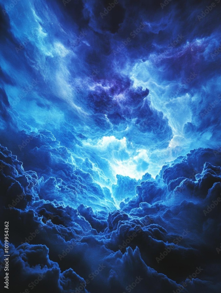 A stunning view of swirling blue clouds illuminated by soft light, creating a dramatic and ethereal atmosphere.