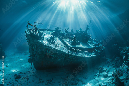 Underwater view of an old sunken ship on seabed with fish swimming