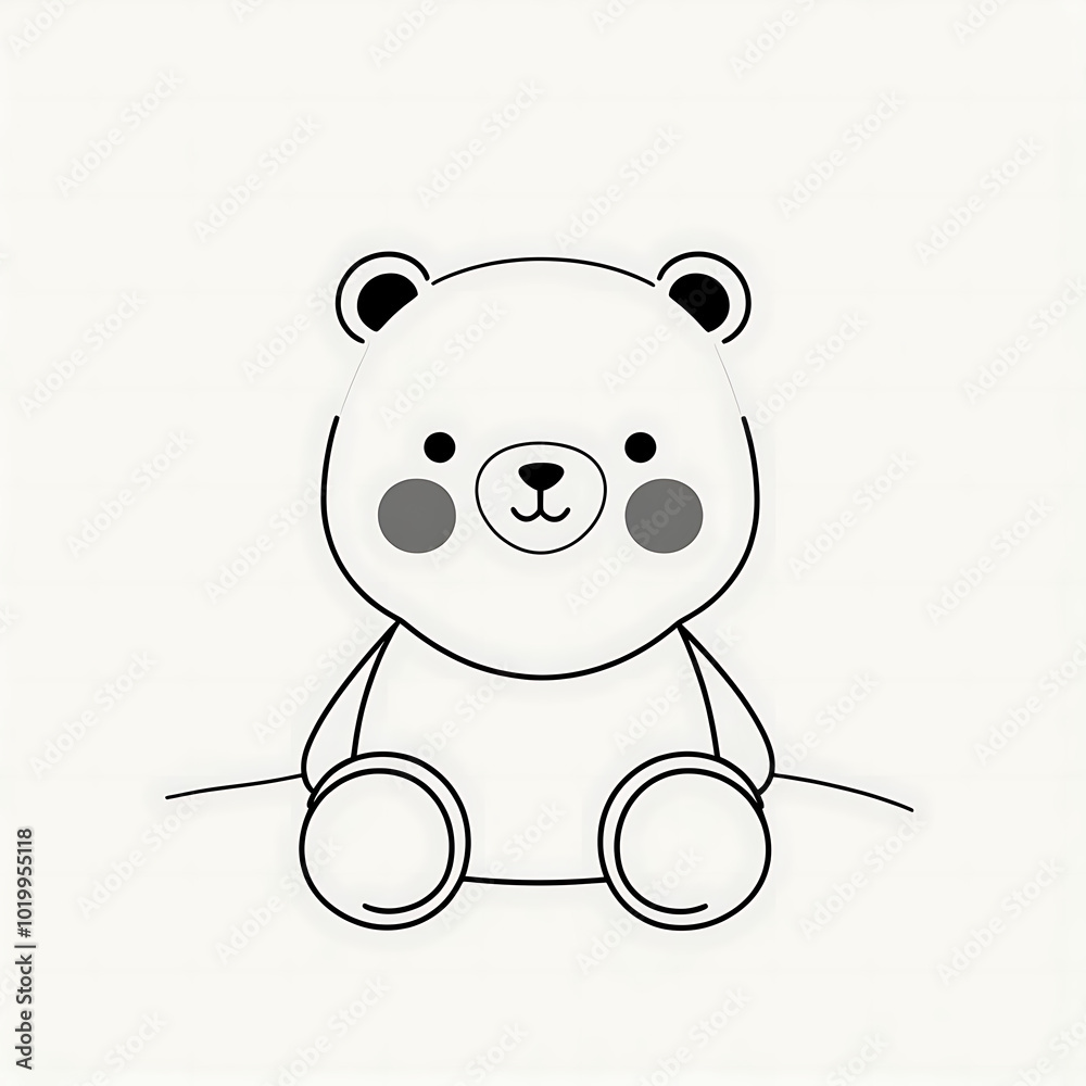 Fototapeta premium Create a minimalist black-and-white illustration of a cute bear sitting down. The bear should have simple, rounded features, including small ears, a circular face, and soft, geometric body shapes. The
