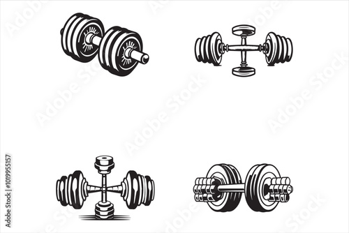 Set of illustrations of weightlifting barbells and dumbbells' . Design element for logo, label, sign, emblem, banner. Vector illustration
